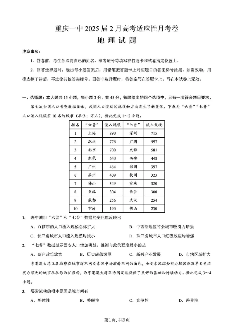 重庆市第一中学校2025届高三下学期2月开学考试地理+答案_2025年2月_250223重庆市第一中学校2025届高三下学期2月开学考试（全科）