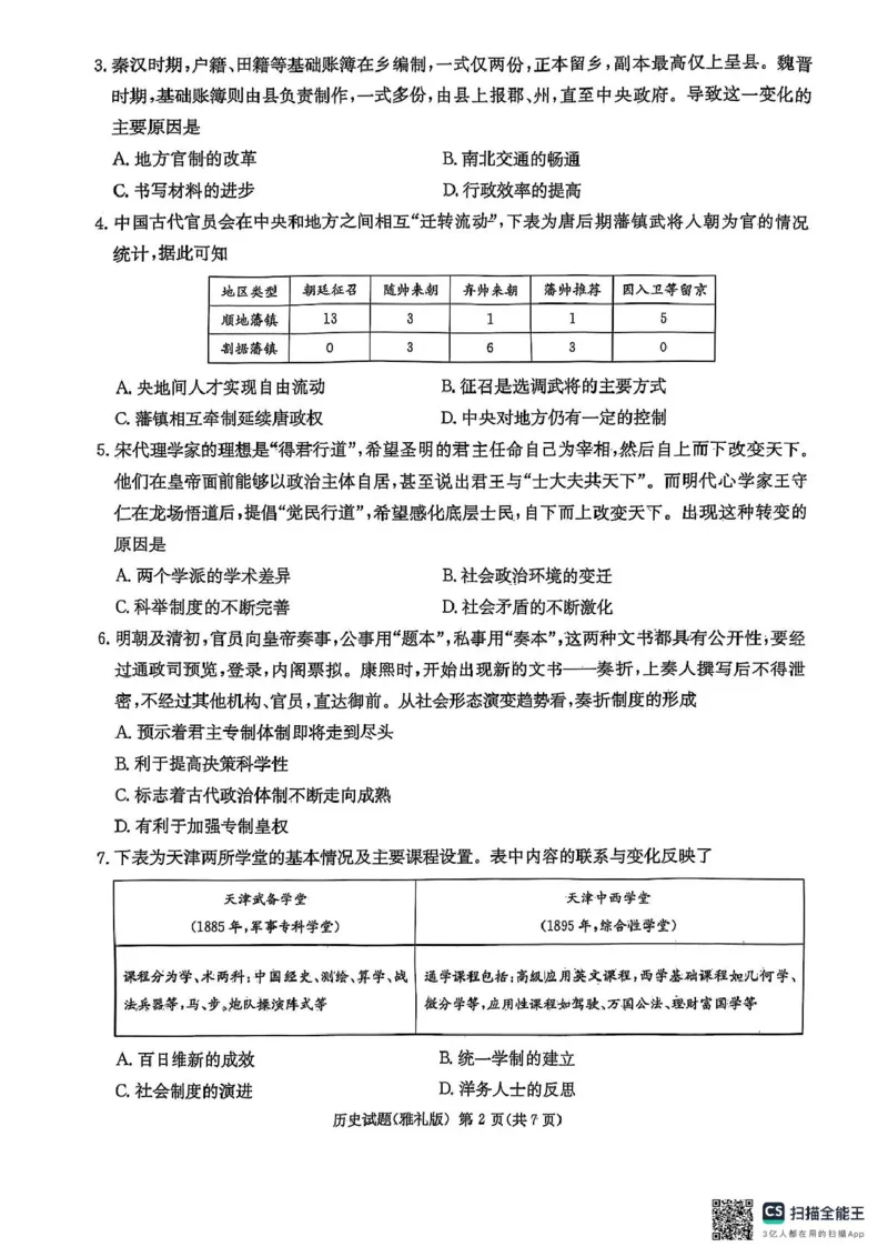 雅礼七（历史）_2025年3月_250306湖南省长沙市雅礼中学2024-2025学年高三下学期月考卷（七）（全科）_湖南省长沙市雅礼中学2024-2025学年高三下学期月考卷（七）历史