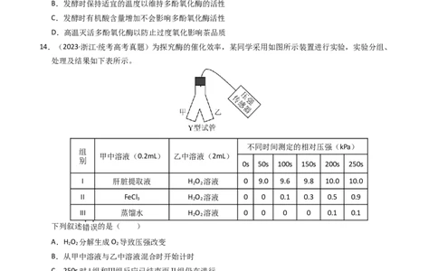 专题02物质进出细胞、酶和ATP（学生卷）_近10年高考真题汇编（必刷）_十年（2014-2024）高考生物真题分项汇编（全国通用）_2023年高考真题和模拟题生物分项汇编（全国通用）