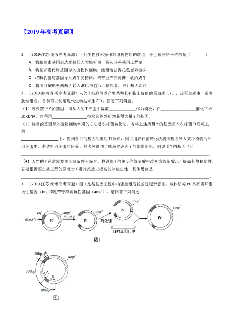 专题25基因工程（原卷卷）_近10年高考真题汇编（必刷）_十年（2014-2024）高考生物真题分项汇编（全国通用）_十年（2014-2023）高考生物真题分项汇编（全国通用）