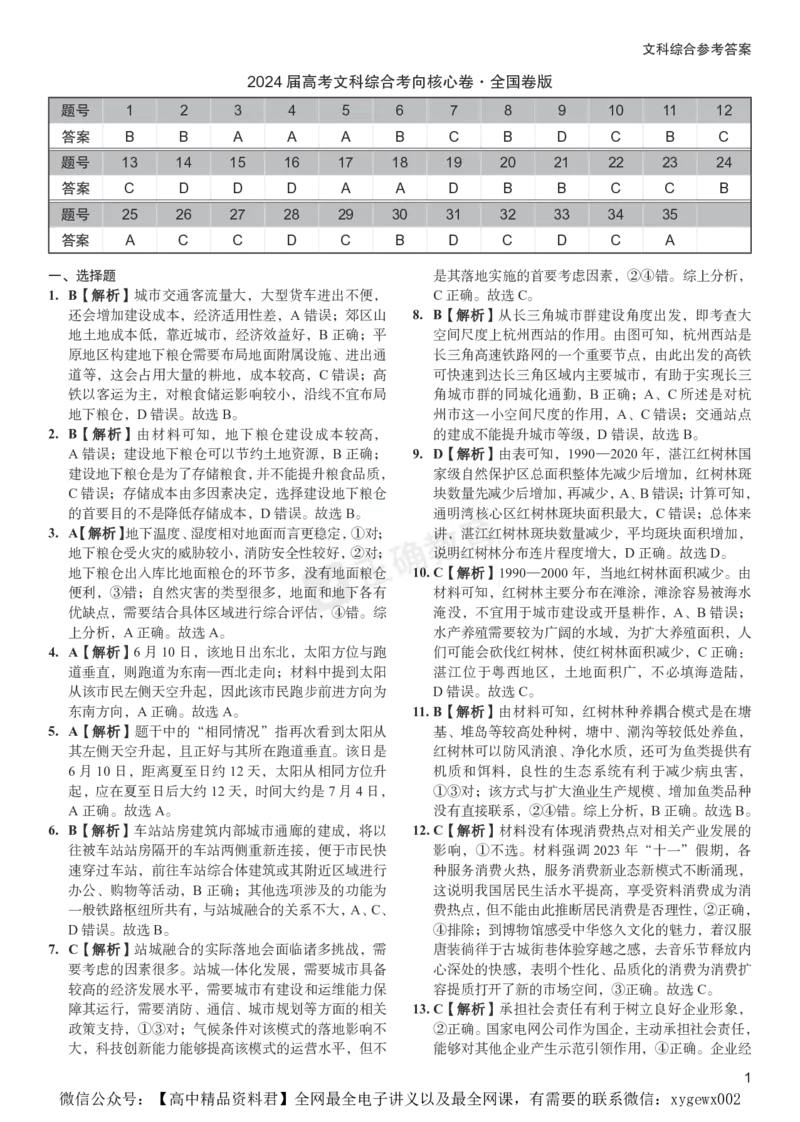 2024届高考文综考向核心卷&mdash;全国专用答案_2024高考押题卷_72024正确教育全系列_2024考向核心卷全系列_（全国卷）2024《考向核心卷》（九科全）各一套
