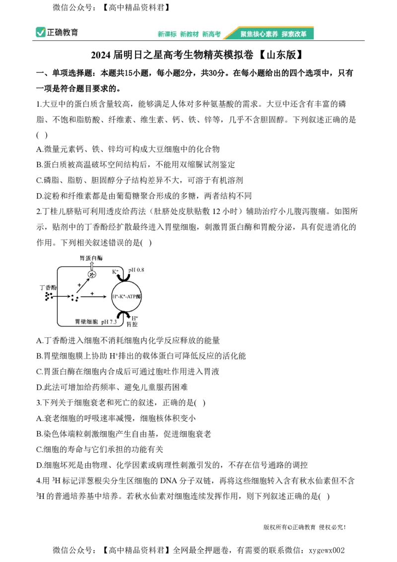 2024届明日之星高考生物精英模拟卷山东版_2024高考押题卷_72024正确教育全系列_2024明日之星全系列_（新高考）2024《明日之星&middot;高考精英模拟卷》（九科全）各一套