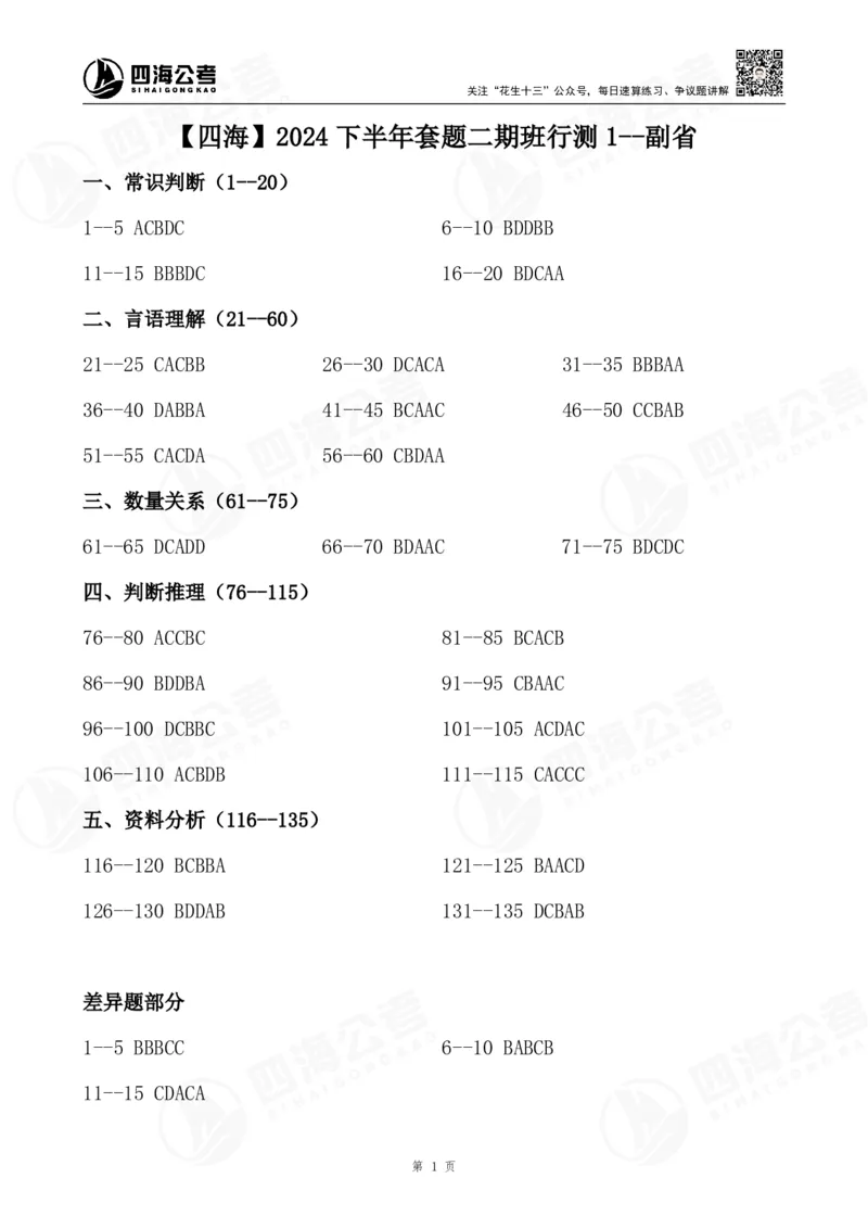 四海24下套题二期答案--行测1（副省）_2026考公资料_花生十三合集_套题班2025花生行测+飞扬申论套题⭐⭐_行测套题2025花生十三国考套卷班二期_答案+常识解析+复盘表