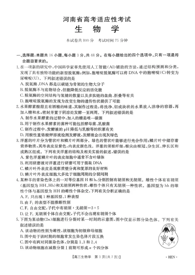 河南省创新发展联盟2025届高三下学期适应性考试生物试卷（图片版，含解析）_2025年5月_2505252025届河南省联盟高三下学期高考适应性考试（创新发展联盟三模）（全科）