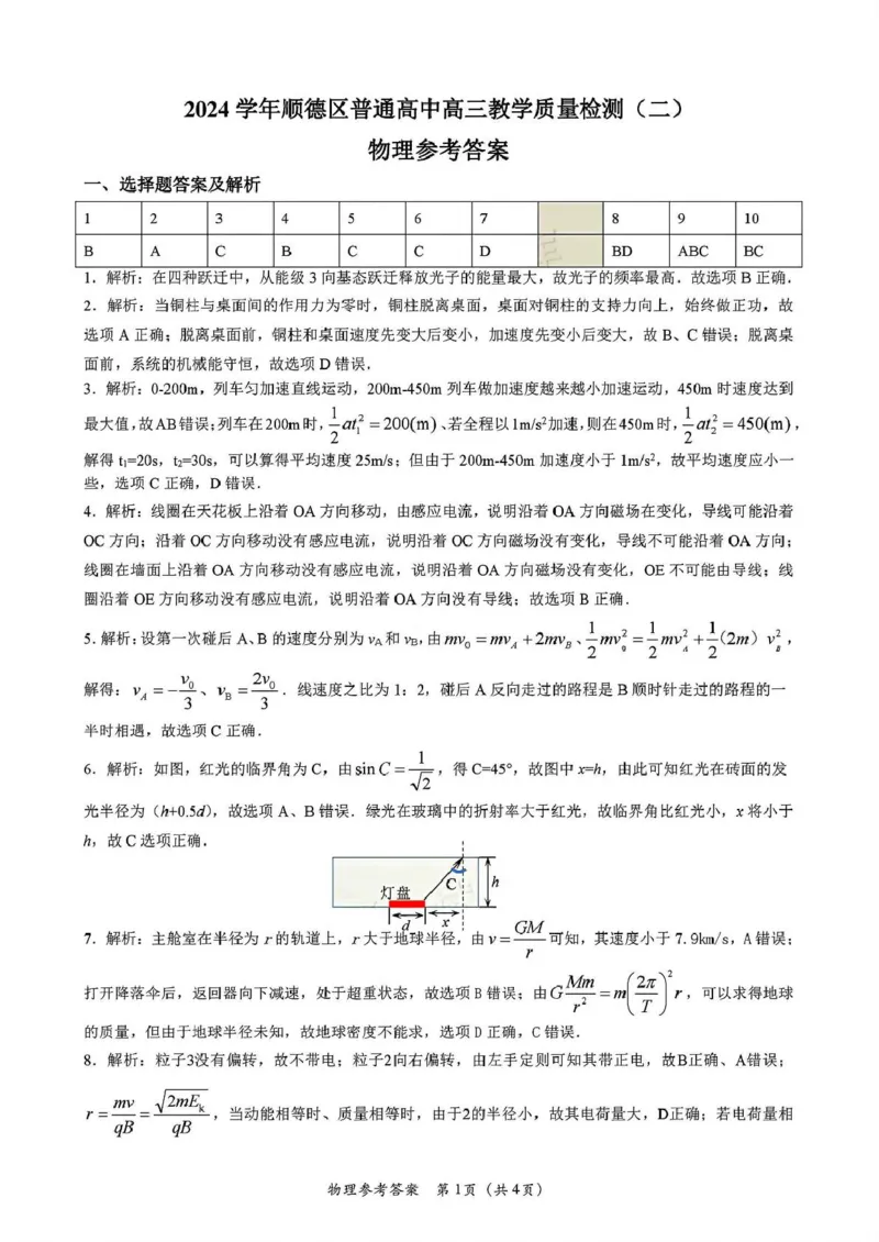 广东省佛山市顺德区2024-2025学年高三教学质量检测(二)物理试卷（含解析）_2025年2月_250223广东省顺德区2024学年普通高中高三教学质量检测（二）