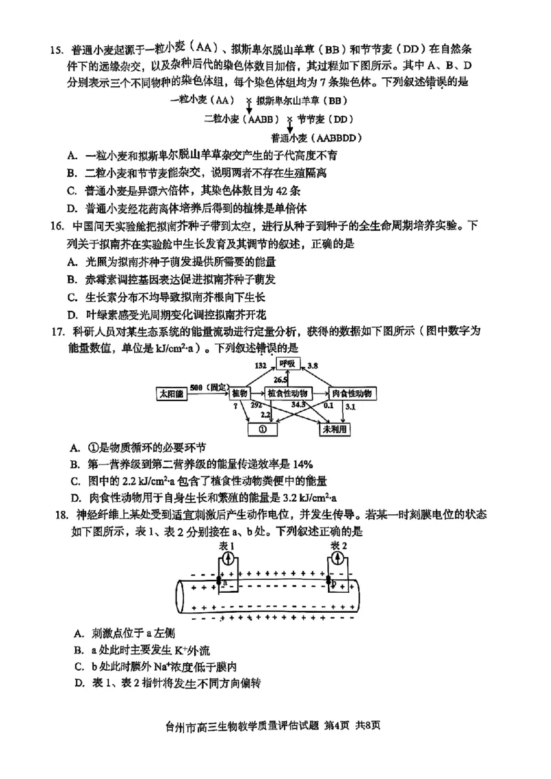 浙江省台州市2025届高三下学期4月二模试题生物试卷+答案_2025年4月_250411浙江省台州市2025届高三下学期4月二模（全科）