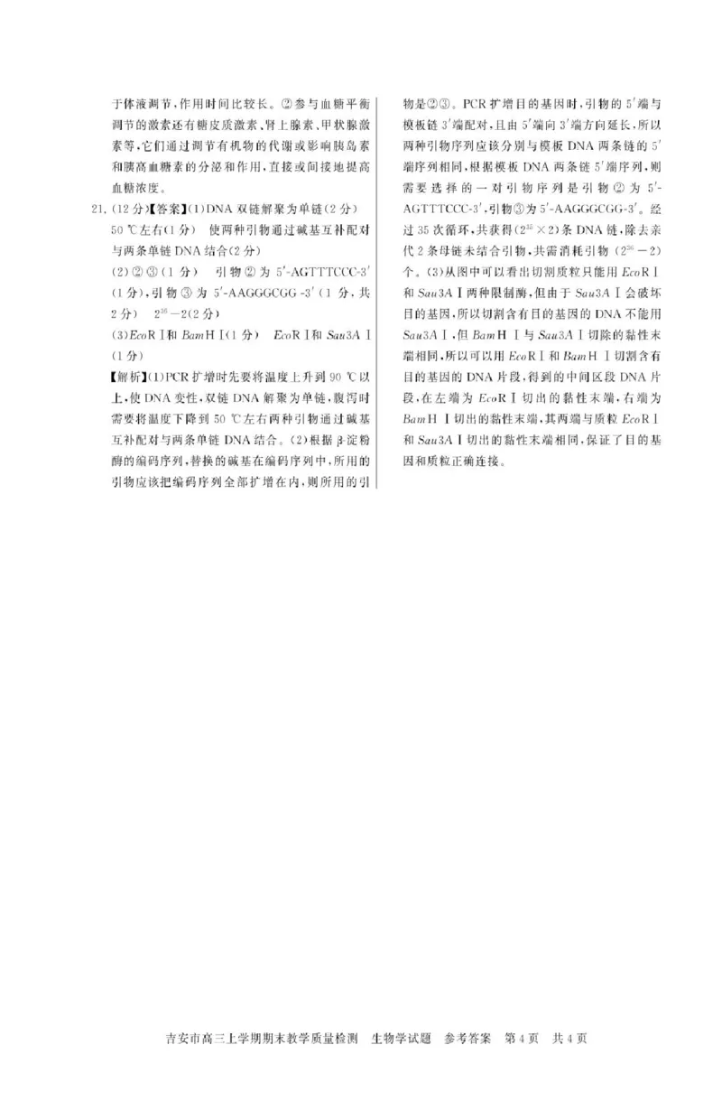 江西省吉安市2025届高三上学期1月期末教学质量检测生物试题（含解析）_2025年1月_250124江西省吉安市2024-2025学年高三上学期期末教学质量检测（全科）