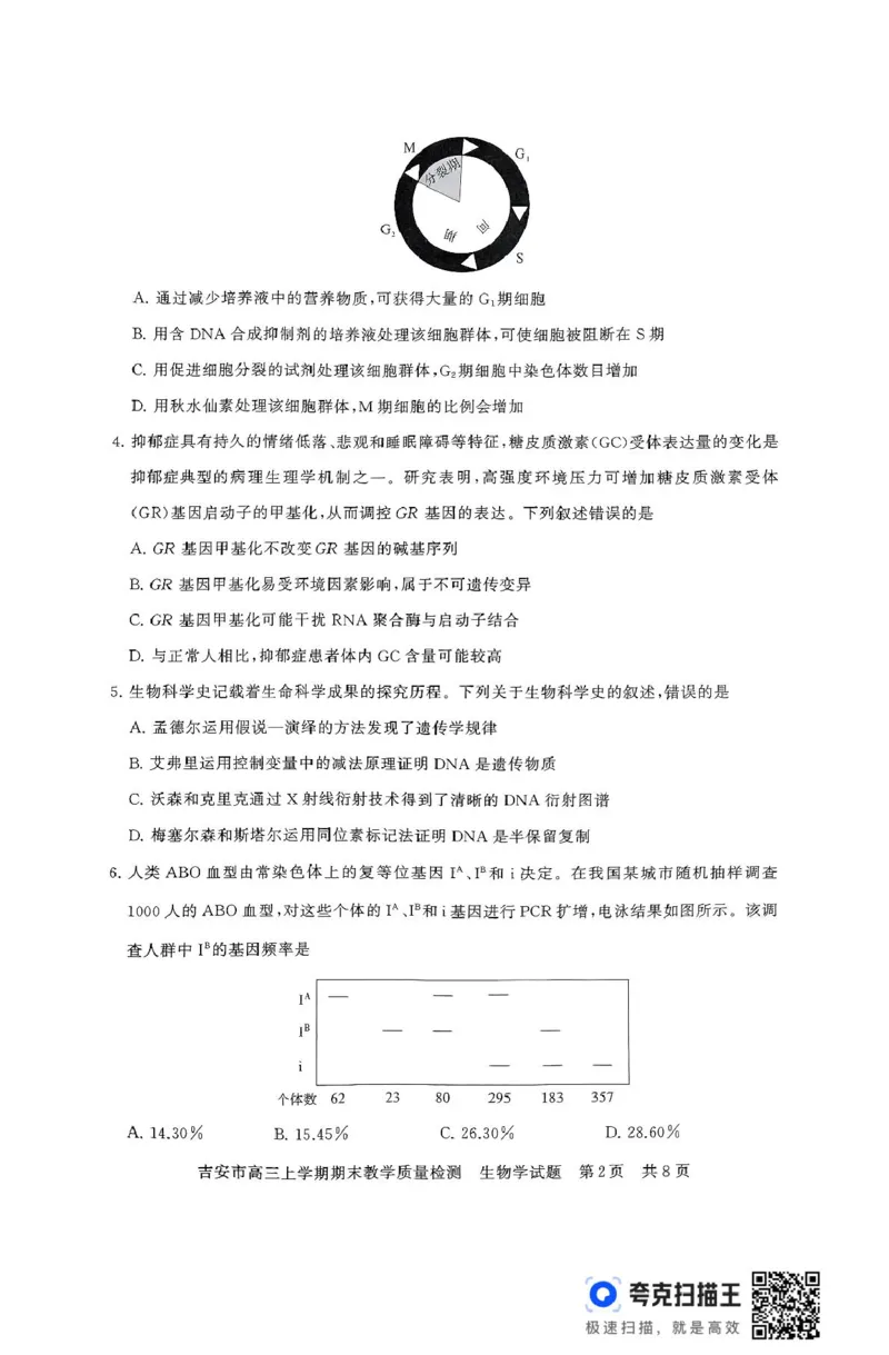 江西省吉安市2025届高三上学期1月期末教学质量检测生物试题（含解析）_2025年1月_250124江西省吉安市2024-2025学年高三上学期期末教学质量检测（全科）