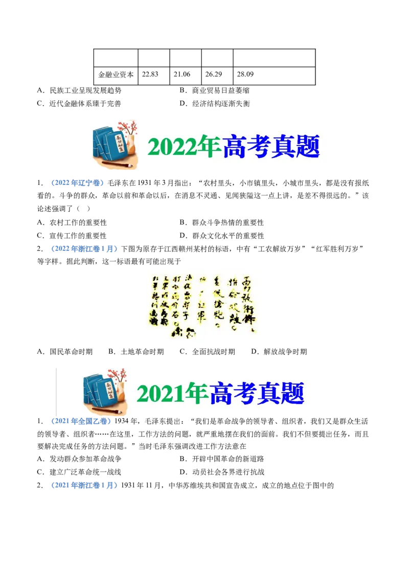 专题07中国成立与新民主主义革命兴起（学生卷）_近10年高考真题汇编（必刷）_十年（2014-2024）高考历史真题分项汇编（全国通用）