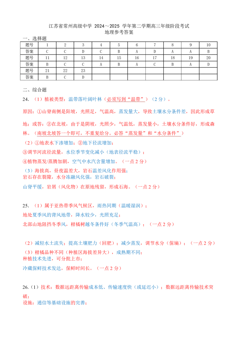 江苏省常州高级中学2024-2025学年第二学期高三年级期初质量调研地理答案_2025年2月_250224江苏省（常州第一中学、常州高级中学）2024-2025学年高三下学期期初质量调研