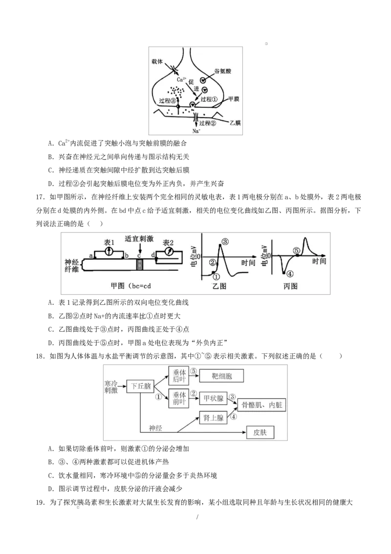 高二生物上学期第一次月考（江苏专用）高二生物第一次月考卷测试范围：人教版2019选择性必修1第1章~第3章（考试版）_1多考区联考试卷