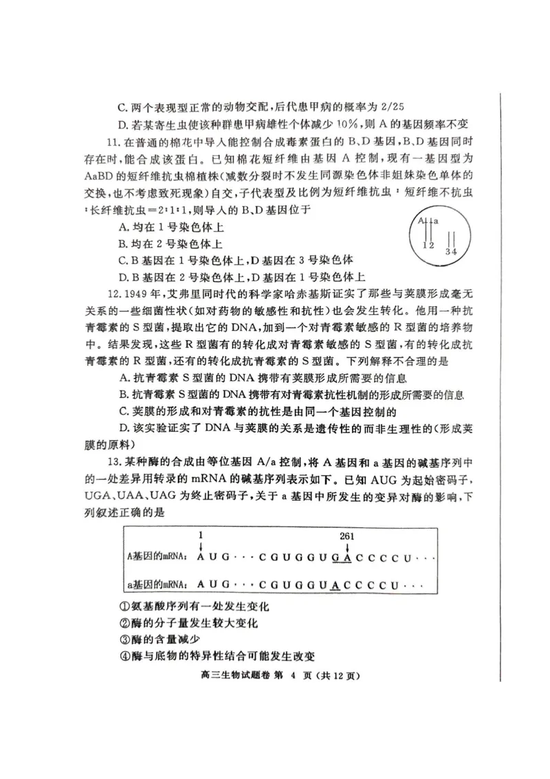 河南省郑州市2025届高三第一次质量预测生物试题+答案_2025年1月_250119河南省郑州市2025届高三第一次质量预测试卷（全科）
