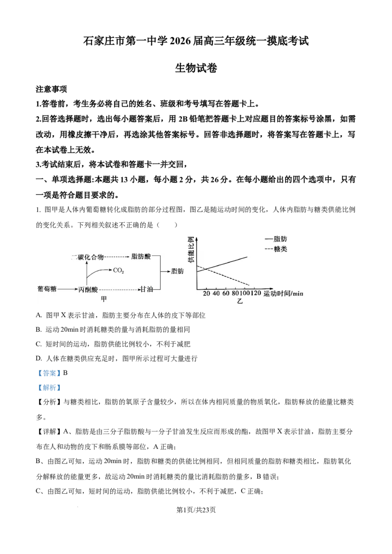 精品解析：河北省石家庄市长安区石家庄市第一中学2025-2026学年高三上学期9月月考生物试题（解析版）_2025年9月_250927石家庄市第一中学2025-2026学年高三上学期9月摸底考试（全科）