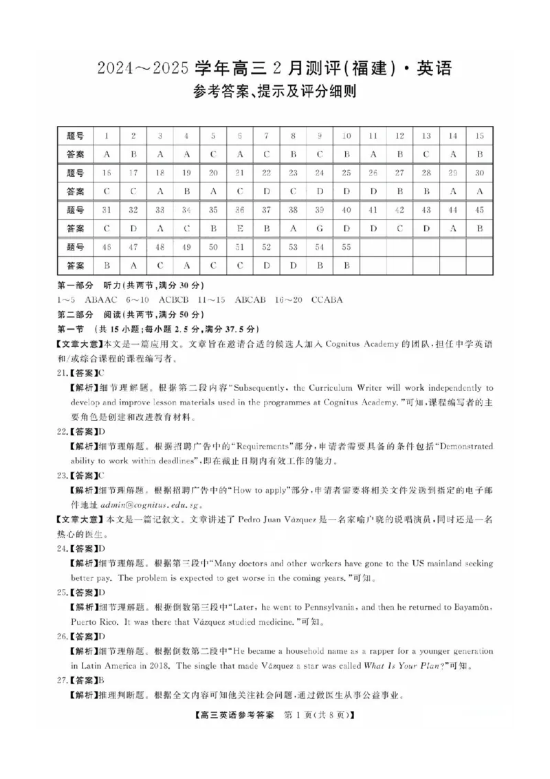 福建省金科大联考2025届高三2月开学英语答案_2025年2月_250211福建省金科大联考2025届高三2月开学联考（全科）