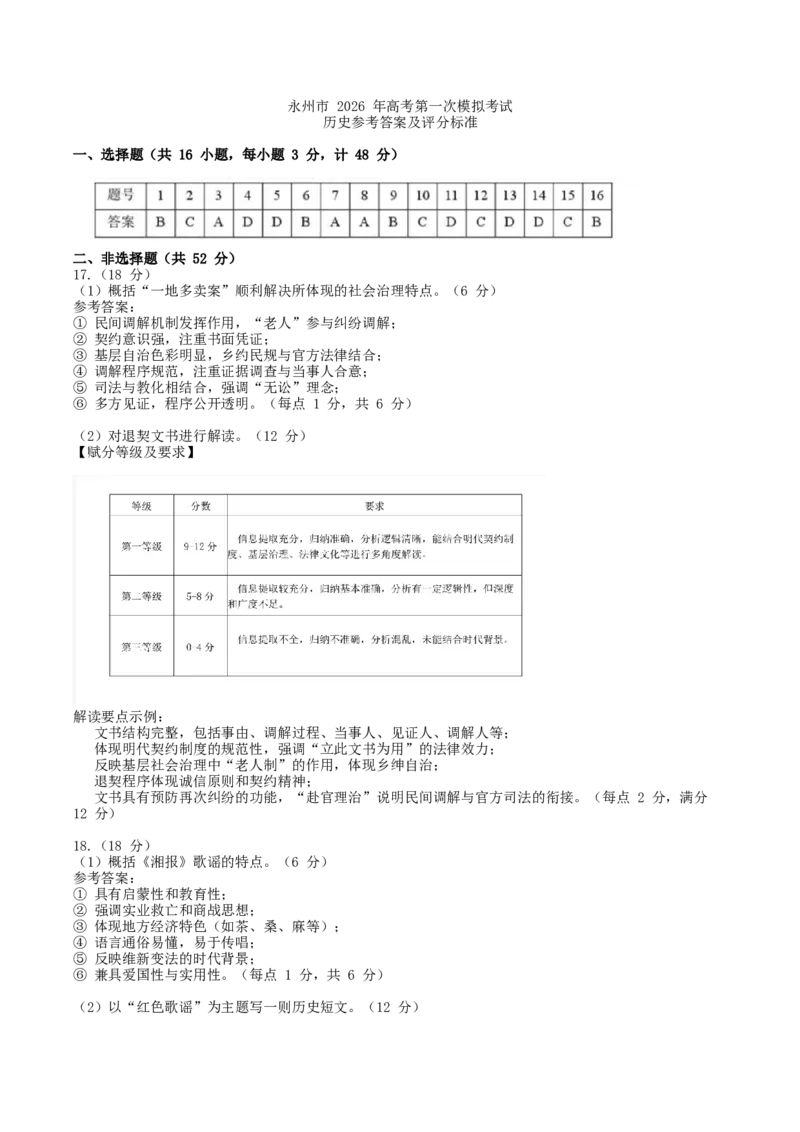 湖南省永州市2026届高三上学期第一次模拟考试历史答案_2025年9月_250920湖南省永州市2026届高三上学期第一次模拟考试（全科）