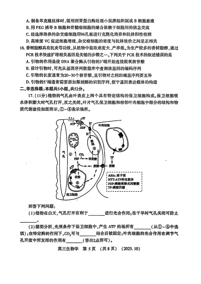 生物试卷-河南豫西北教研联盟225-2026学年高三第一次质量检测试题_2025年10月_12026年试卷教辅资源等多个文件_251027豫西北教研联盟2026届高三上学期第一次质检