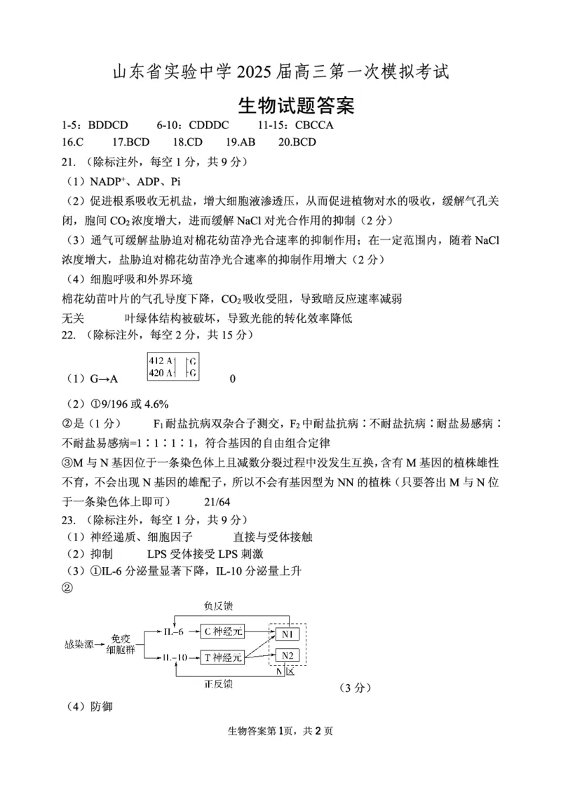 山东省实验中学2025届高三第一次模拟考试生物答案_2025年5月_250511山东省实验中学2025届高三第一次模拟考试（全科）