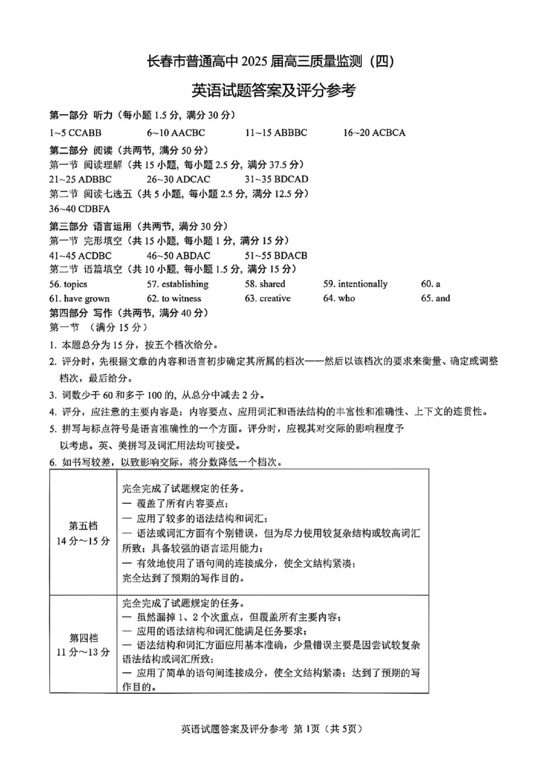 吉林省长春市2025届高三质量监测（四）英语试卷+答案_2025年5月_250511吉林省长春市2025届高三质量监测（四）（长春四模）（全科）