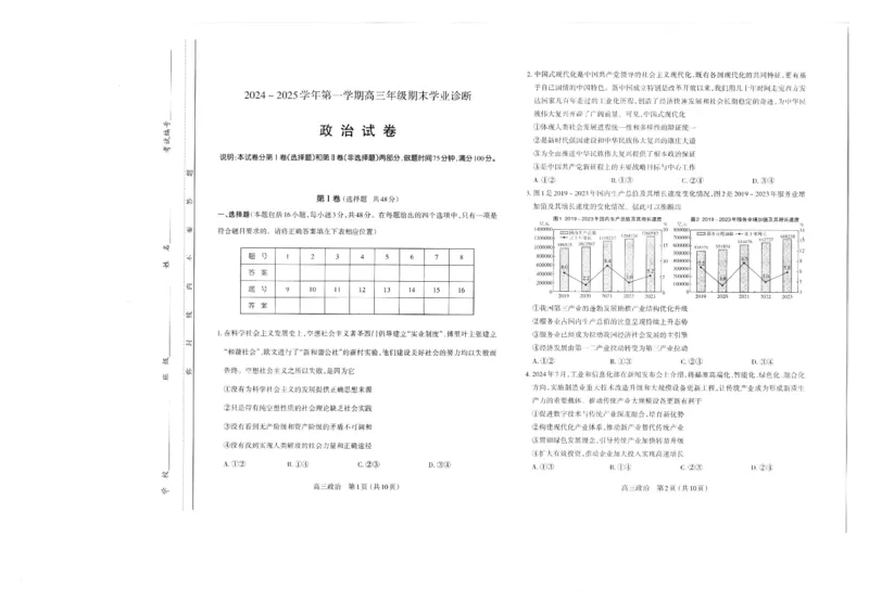 山西太原2024-2025学年高三期末学业诊断政治_2025年1月_250121山西太原2024-2025学年高三期末学业诊断（全科）