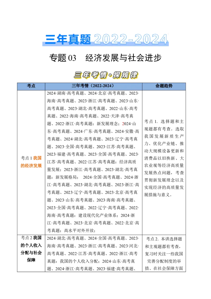 专题03经济发展与社会进步-三年（2022-2024）高考政治真题分类汇编（教师卷）_近10年高考真题汇编（必刷）_十年（2014-2024）高考政治真题分项汇编（全国通用）