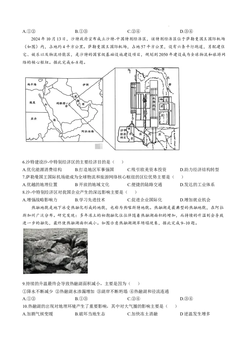 地理答案_2025年1月_250120湖南益阳市2024-2025学年高三上学期期末考试_地理