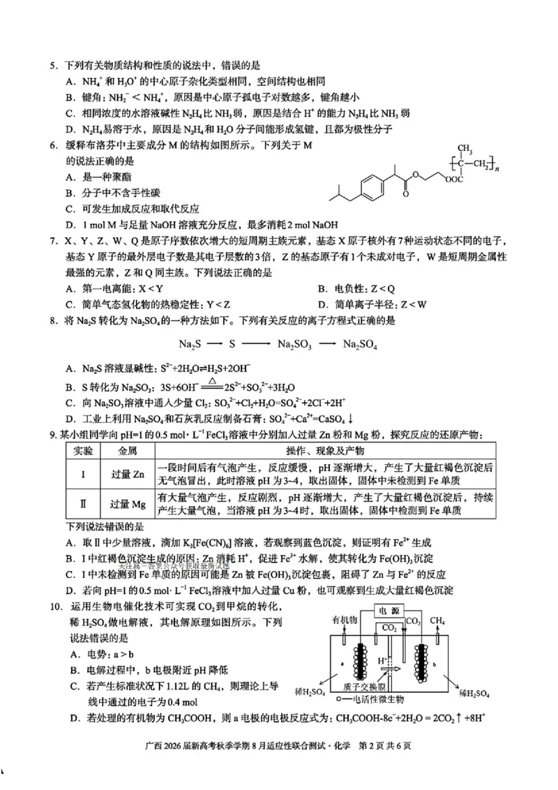 广西2026届新高考秋季学期8月适应性联合测试化学+答案_2025年8月_250821邕衡教育&middot;名校联盟广西2026届新高考秋季学期8月适应性联合测试（全科）