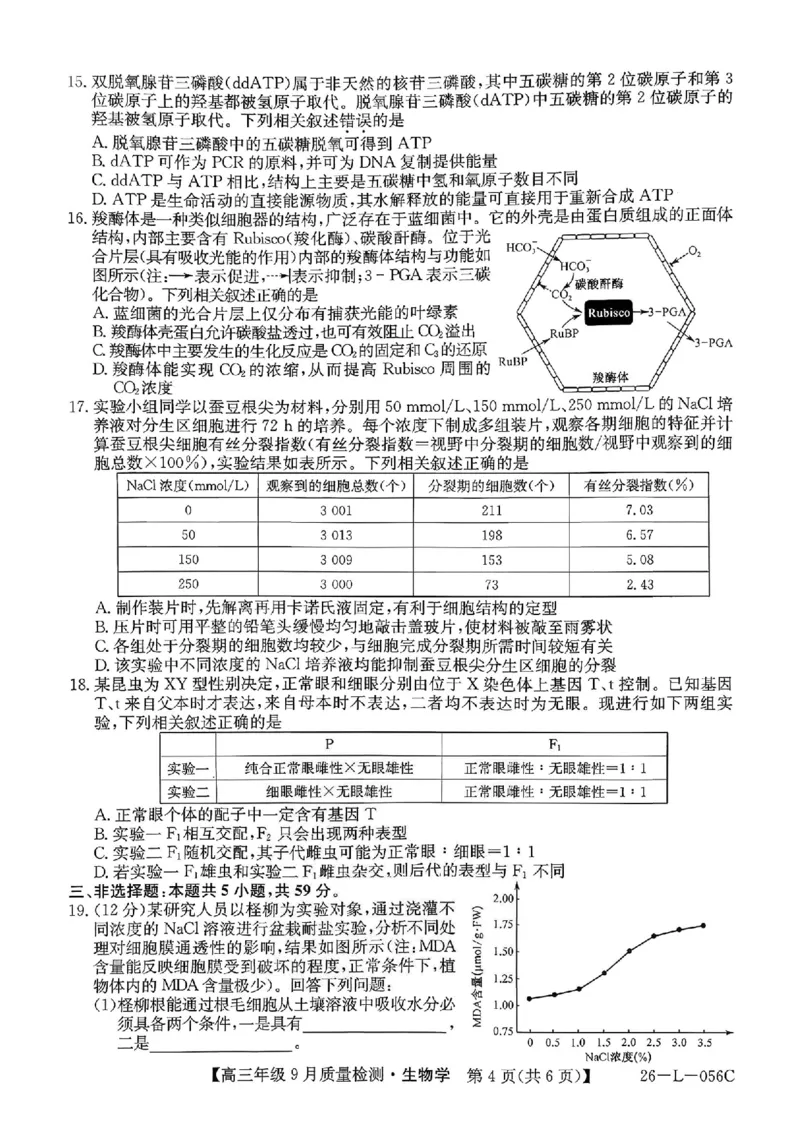 生物_2025年9月_250926河北省2025-2026学年高三上学期9月质量检测（26-L-056C）_河北省2025-2026学年高三上学期9月质量检测生物