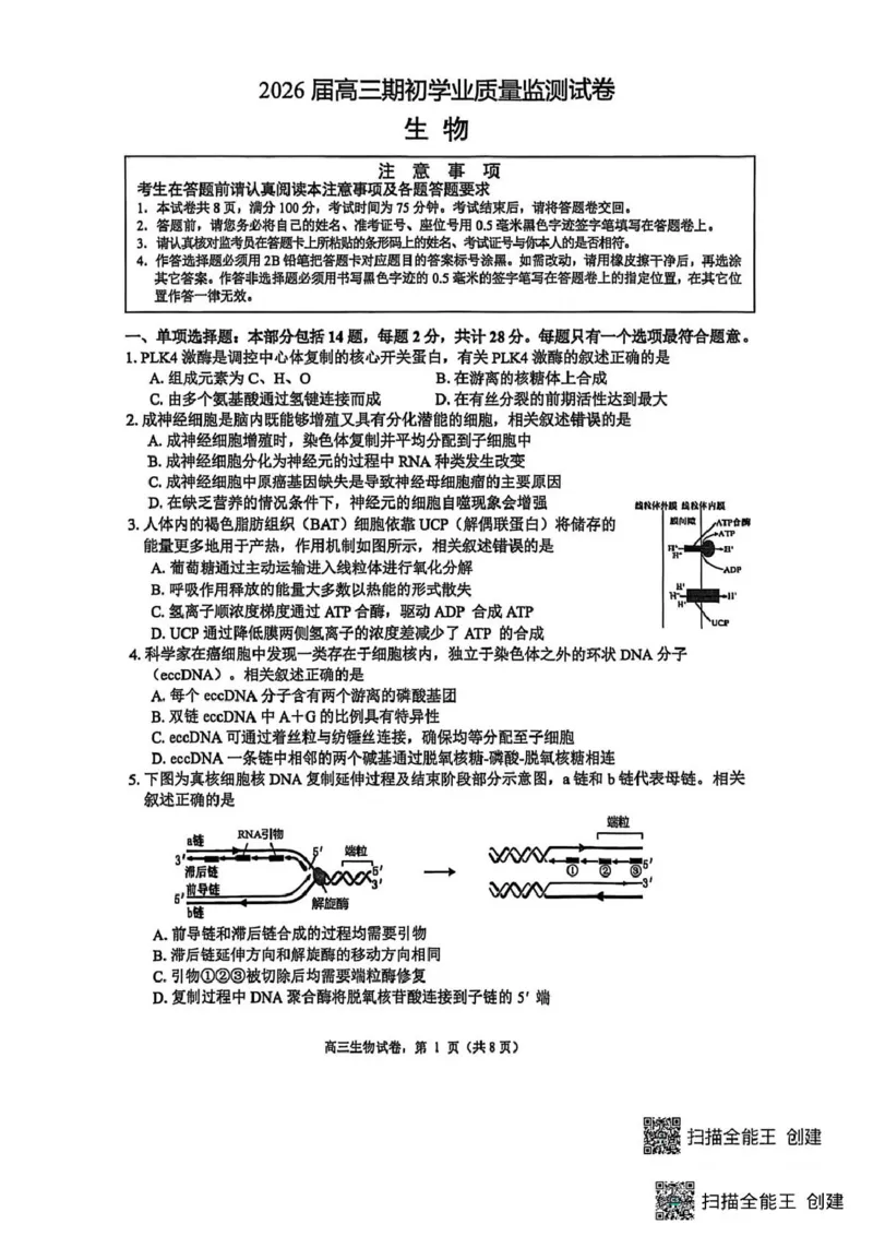 江苏省南通市海安市2025-2026学年高三上学期期初考试生物试卷（含答案)_2025年9月_250911江苏省南通市海安市2025-2026学年高三上学期开学（全科）
