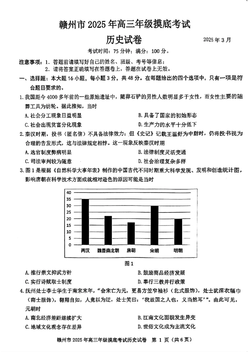 江西省赣州市2025年高三年级3月摸底考试历史_2025年3月_250311江西省赣州市2025届高三下学期3月一模考试（全科）_2025届江西省赣州市高三下学期一模历史