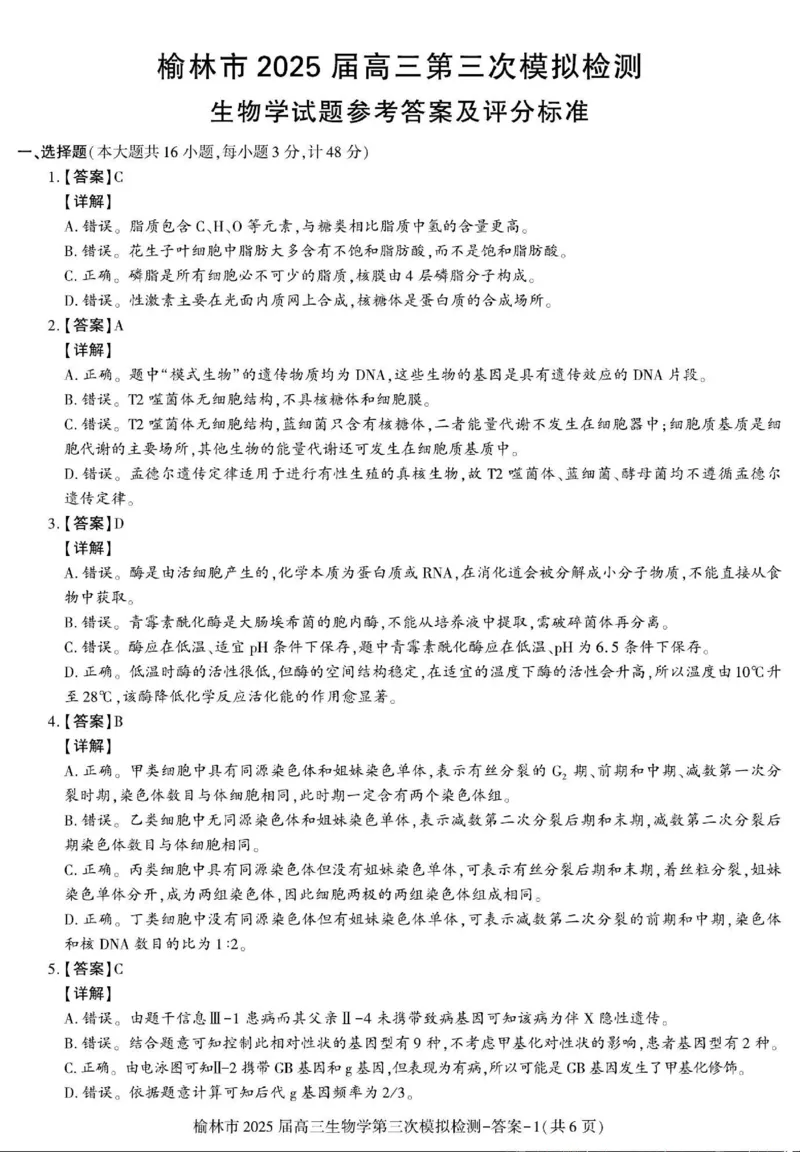 生物答案_2025年3月_250310陕西省榆林市2025届高三第三次模拟检测（全科）_陕西省榆林市2025届高三第三次模拟检测生物