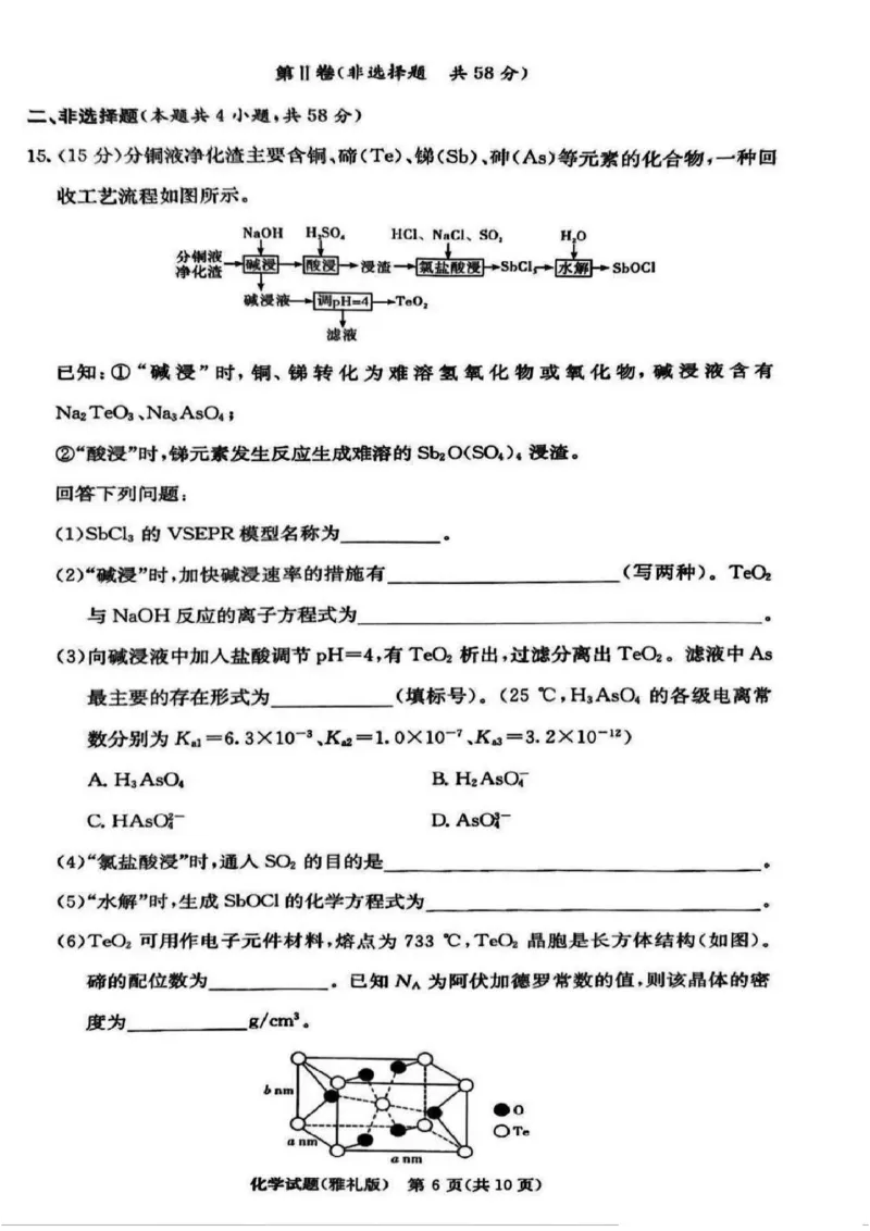 湖南省长沙市雅礼中学2025届高三月考试卷（六）化学+答案_2025年2月_250206湖南省长沙市雅礼中学2025届高三月考试卷（六）