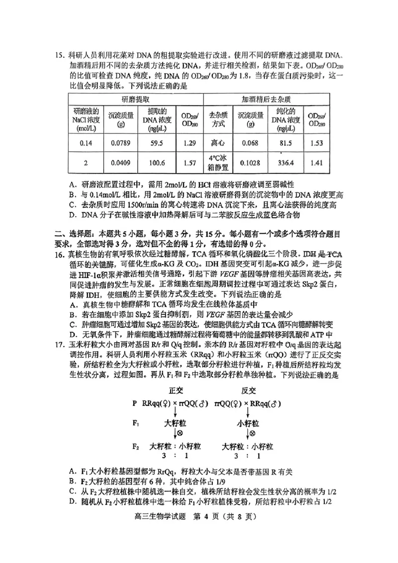 山东省淄博市、滨州市2025届高三模拟考试生物_2025年5月_0501山东省淄博市、滨州市2025届高三模拟考试（淄博、滨州一模）（全科）_山东省淄博市、滨州市2025届高三模拟考试生物