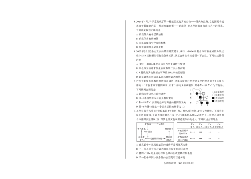 山西省思而行2025年高考考前适应性测试（冲刺卷）生物_2025年4月_250416山西省2025年高考考前适应性测试（冲刺卷）（山西省二模）_2025年山西高考省二模（冲刺卷）生物