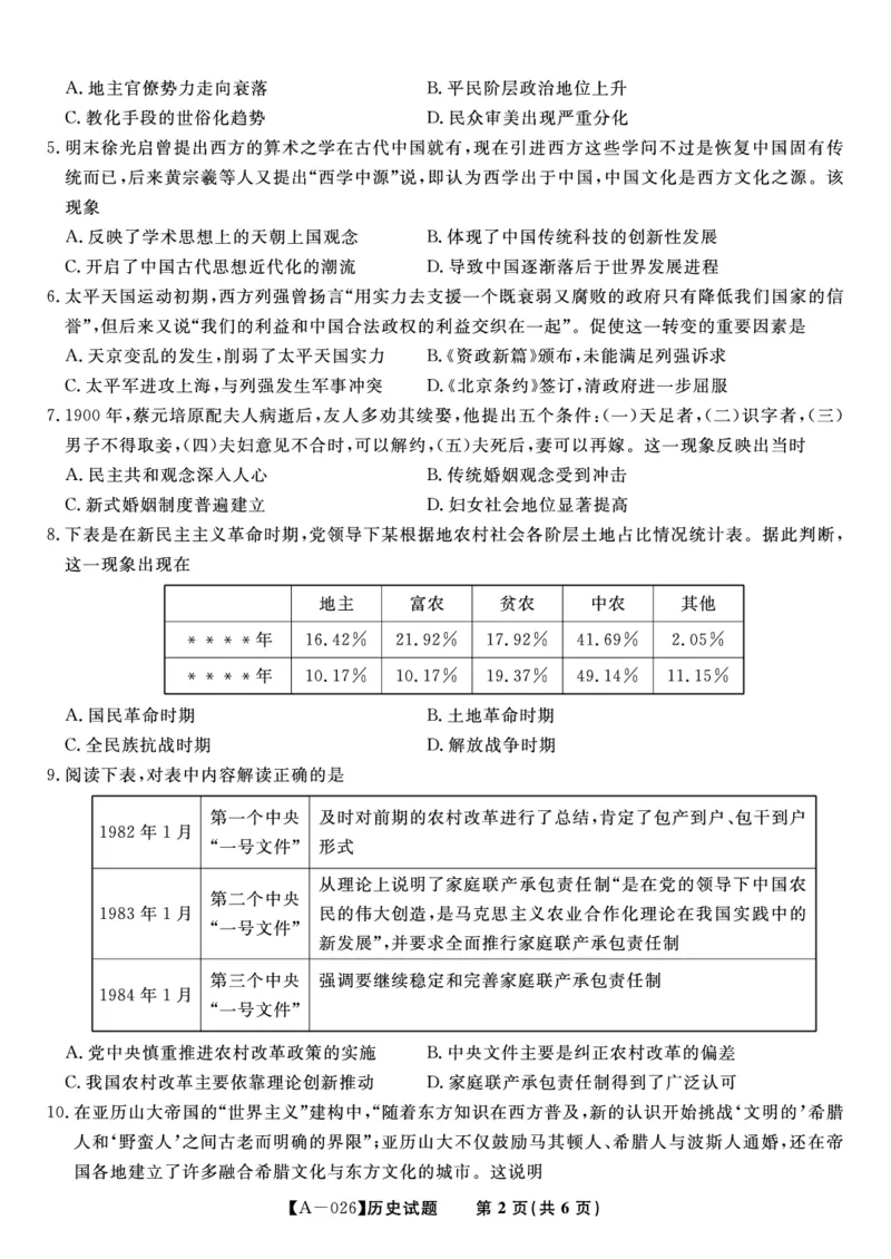历史&middot;2025年9月高三开学联考_2025年9月_250909安徽省皖江名校联盟2026届高三9月开学摸底考试（全科）_历史
