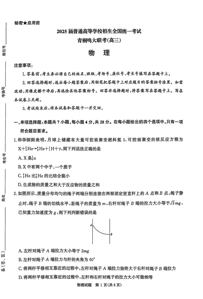 河南省青桐鸣大联考2024-2025学年高三下学期3月月考物理_2025年3月_250313河南省青桐鸣大联考2024-2025学年高三下学期3月月考_河南省2025届高三青桐鸣3月大联考物理