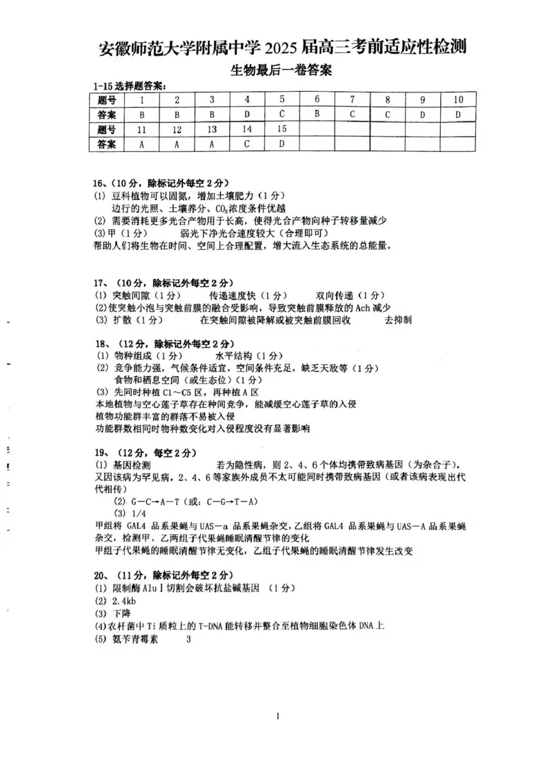 安徽师范大学附属中学2025届高三下学期5月考前适应性检测生物试卷（含答案）_2025年5月_250529安徽师范大学附属中学2025届高三下学期模拟预测（全科）