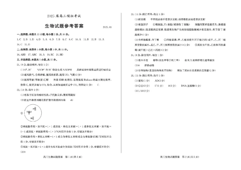山东省枣庄市2025届高三模拟考试（枣庄二调）生物试题（含答案）_2025年3月_250319山东省枣庄市2025届高三模拟考试（枣庄二调）（全科）