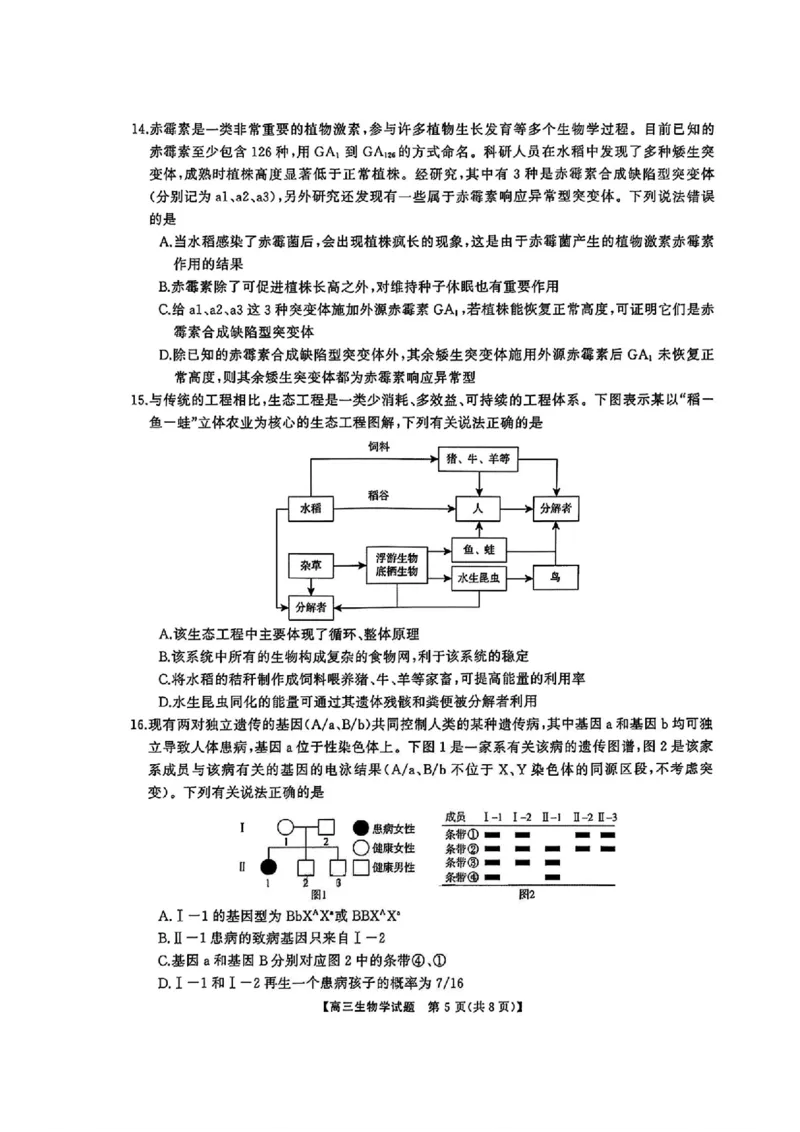 湖南省天壹名校联盟2026届高三8月入学考试生物_2025年8月_250831湖南省天壹名校联盟2026届高三8月入学考试（湘潭市2026届高三第一次模拟考试）（全科）