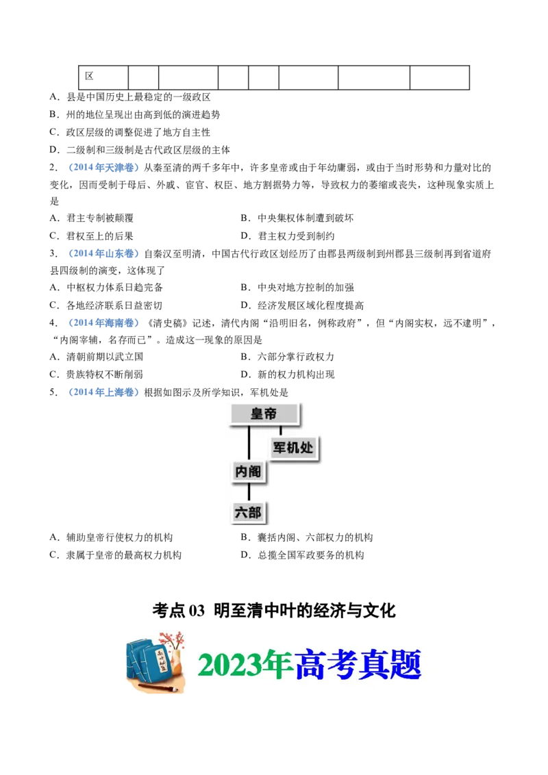 专题04明清中国卷图的奠定与面临的挑战（学生卷）_近10年高考真题汇编（必刷）_十年（2014-2024）高考历史真题分项汇编（全国通用）
