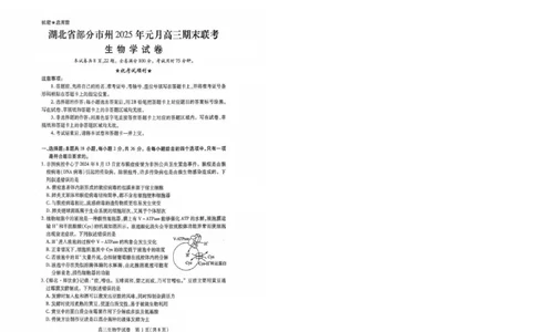 生物试卷_2025年1月_250108湖北省部分市州2025年元月高三期末联考（全科）_湖北省部分市州2025年元月高三期末联考生物