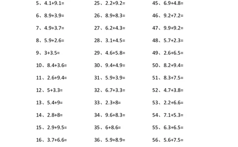 1位小数+1位小数第21~40篇_编码0121-6年级数学口算计算_口算题（适合4年级）_小数-加法（160篇）_（小数）1位小数+1位小数（100篇）