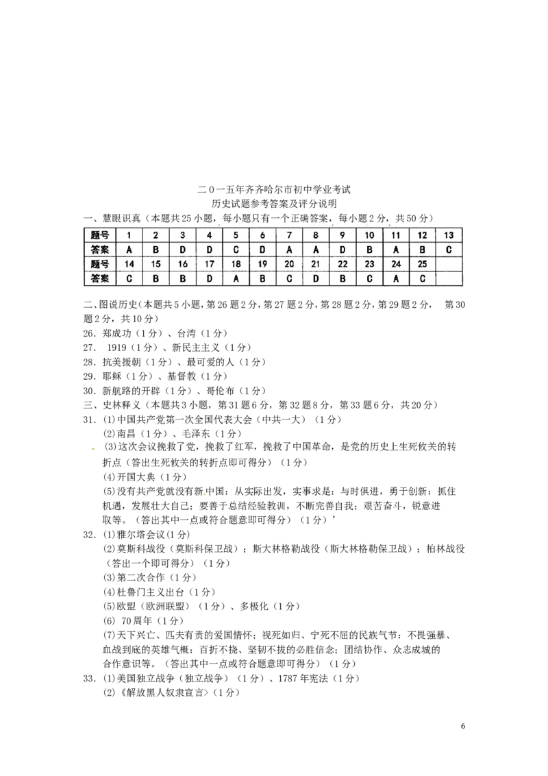 黑龙江省黑河市、齐齐哈尔市、大兴安岭2015年中考历史真题试题（含答案）_中考真题_6.历史中考真题2015-2024年_2015年全国中考历史99份