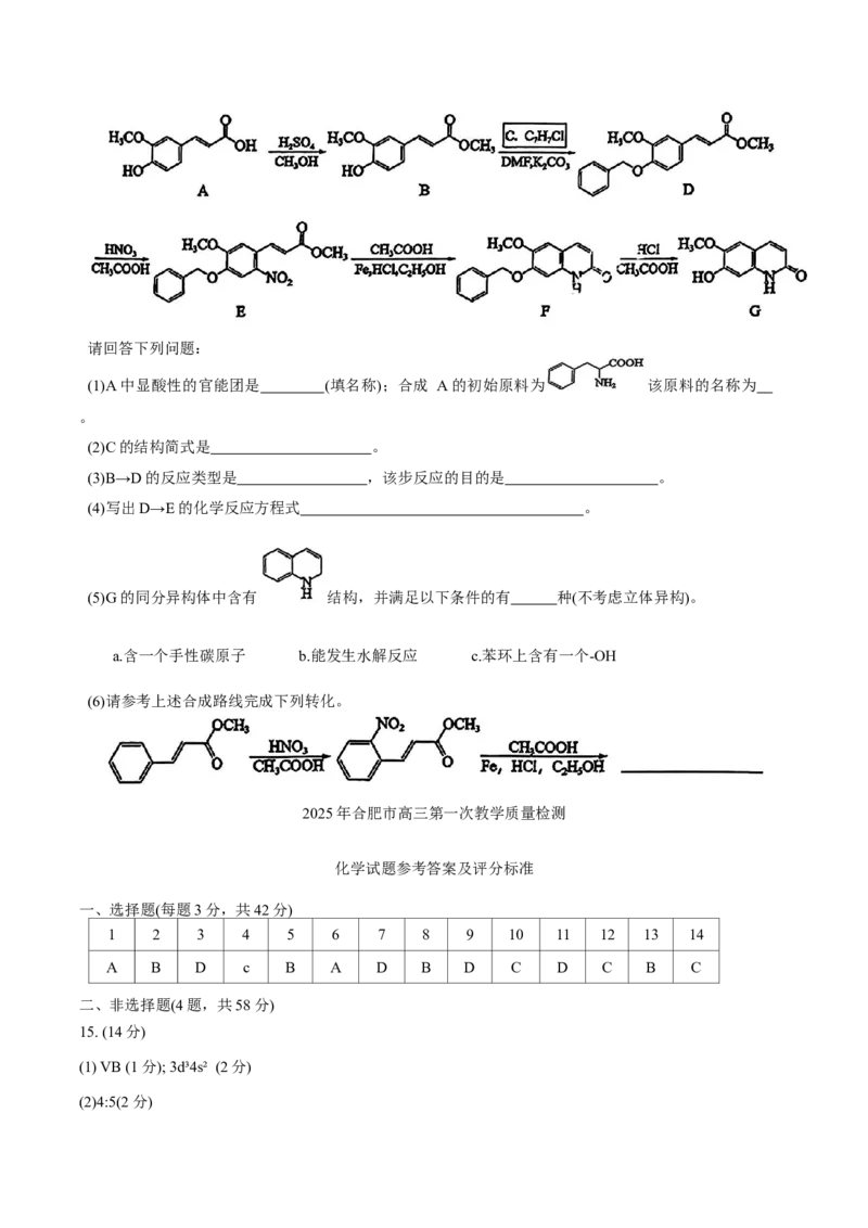 安徽省合肥市2024-2025学年高三第一次教学质量检测化学试题（含答案）_2025年1月_250119安徽省合肥市2025届高三第一次教学质量检测（全科）