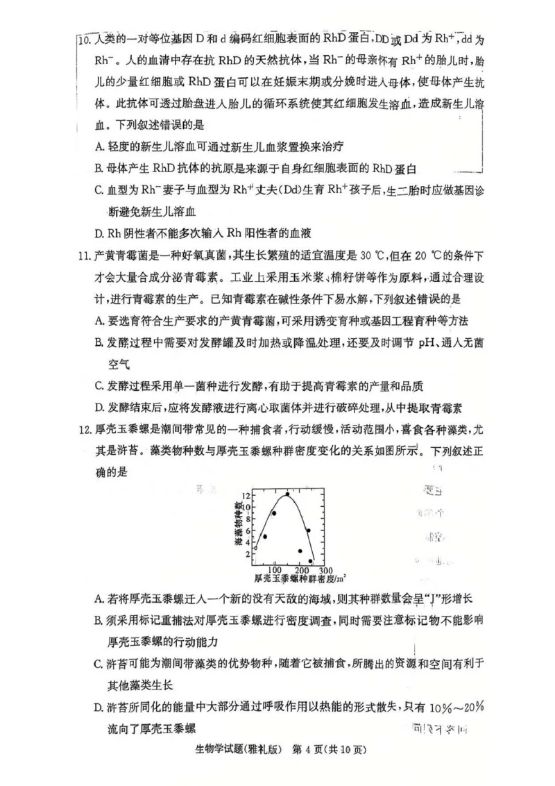 湖南省长沙市雅礼中学2024-2025学年高三上学期第四次月考生物试卷_2025年1月_250101湖南省长沙市雅礼中学2024-2025学年高三上学期月考（四）