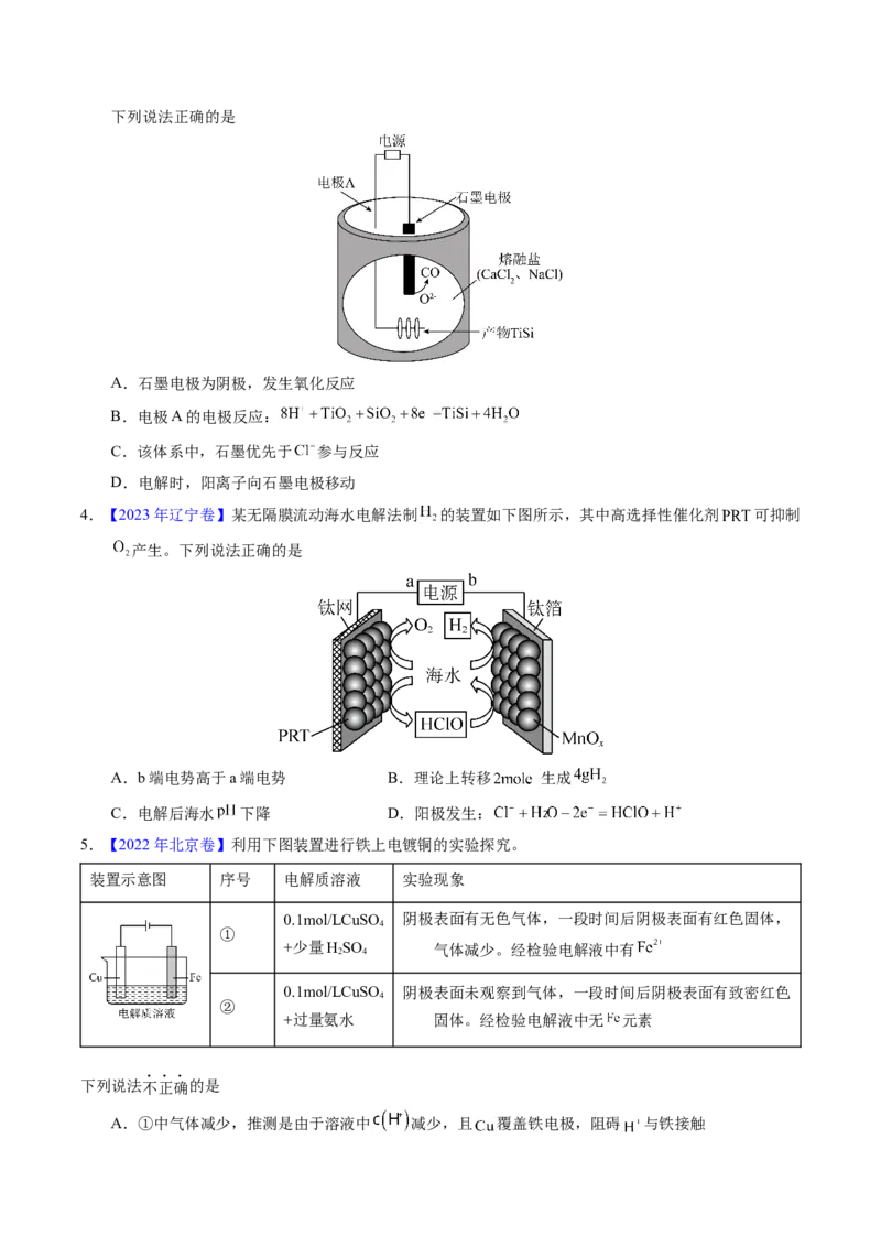 专题46电解原理（原卷卷）_近10年高考真题汇编（必刷）_十年（2014-2024）高考化学真题分项汇编（全国通用）_十年（2014-2023）高考化学真题分项汇编（全国通用）