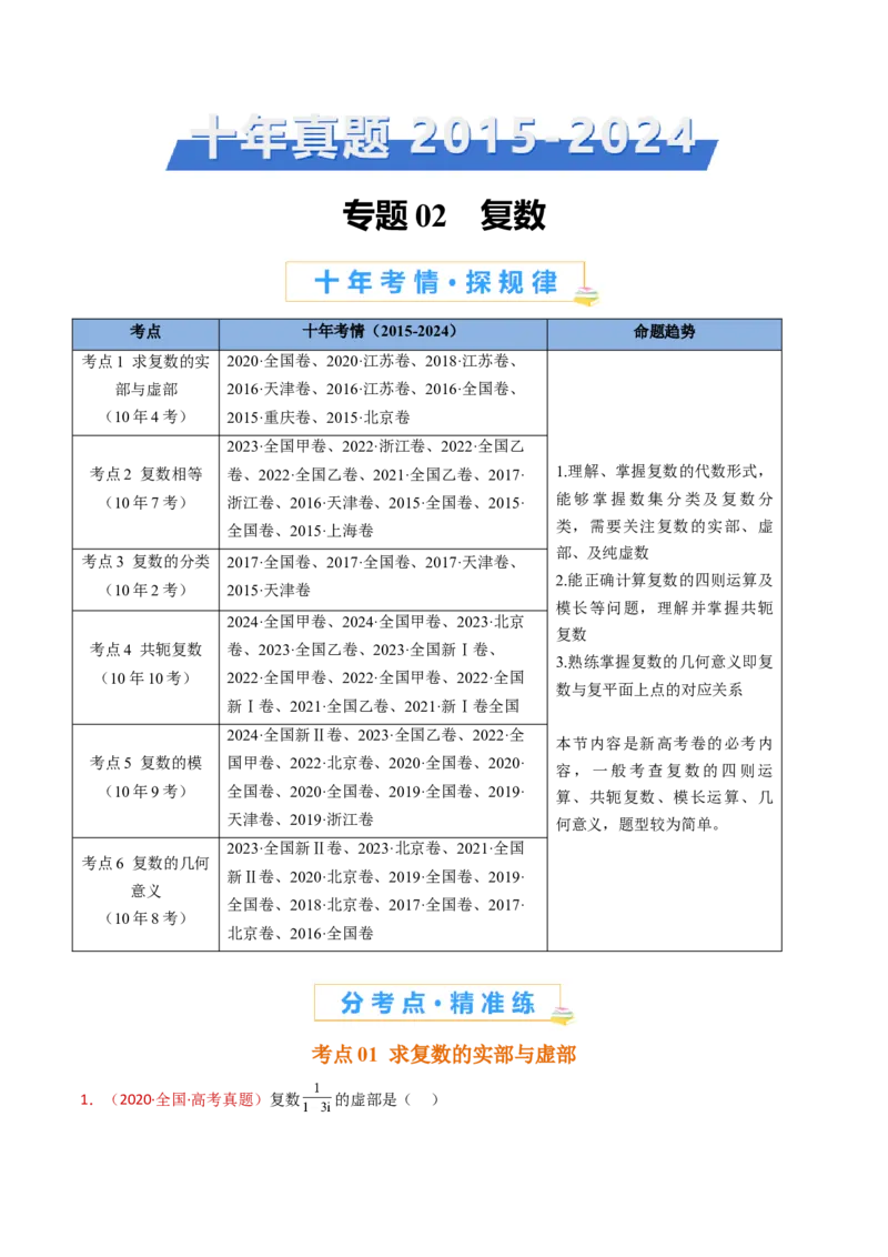 专题02复数（教师卷）-十年（2015-2024）高考真题数学分项汇编（全国通用）_近10年高考真题汇编（必刷）_十年（2015-2024）高考数学真题分类汇编（全国通用）