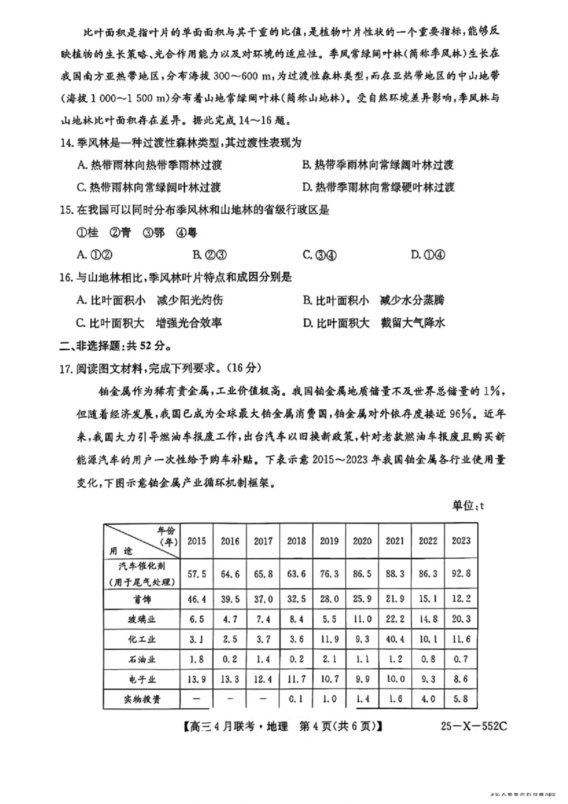 安徽省县域高中合作共享联盟2025届高三下学期4月月考地理试卷（含答案）_2025年4月_250427安徽县中联盟2024-2025学年度高三4月联考25-X-552C（全科）