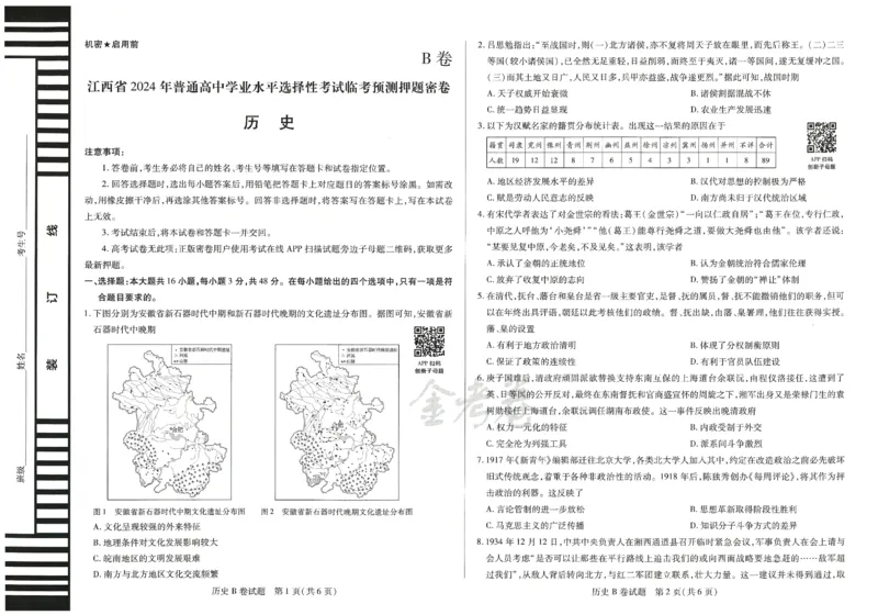 2024年天星高考临考预测押题密卷江西专版（历史）_2024高考押题卷_12024天星全系列_@@@天星临考押题密卷汇总重复_2024年tx高考临考押题密卷江西专版