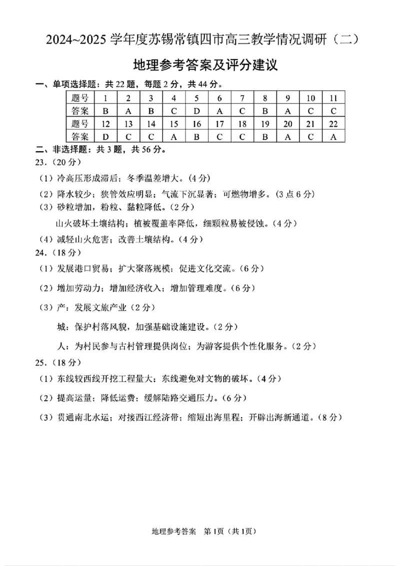地理试题+标答2025届江苏省苏锡常镇四市高三下学期5月教学情况调研（二）_2025年5月_250508江苏省苏锡常镇四市2024-2025学年度高三5月教学情况调研（二）（全科）