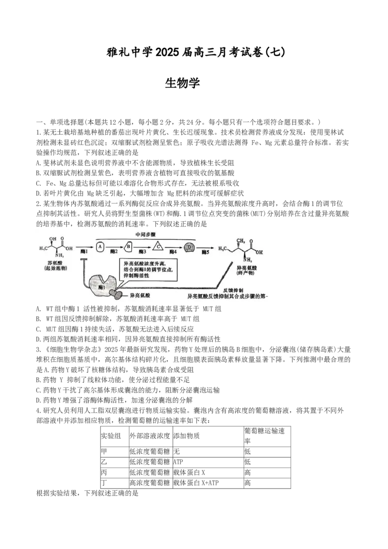 湖南省长沙市雨花区长沙市雅礼中学2024-2025学年高三下学期生物月考试卷（七）_2025年3月_250306湖南省长沙市雅礼中学2024-2025学年高三下学期月考卷（七）（全科）